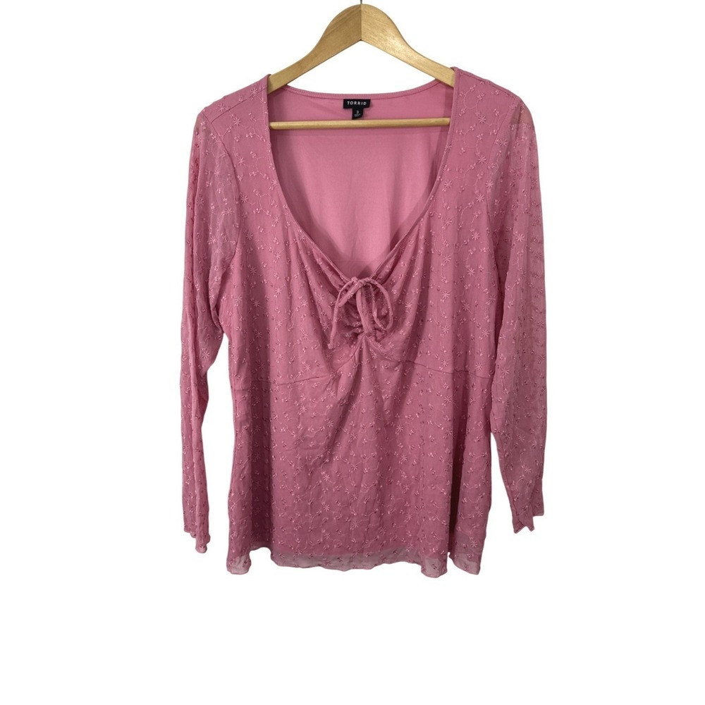 Torrid Stretch Mesh Front Tie Top Womens 3X Wild Rose Pink Long Sleeve Knit Boho